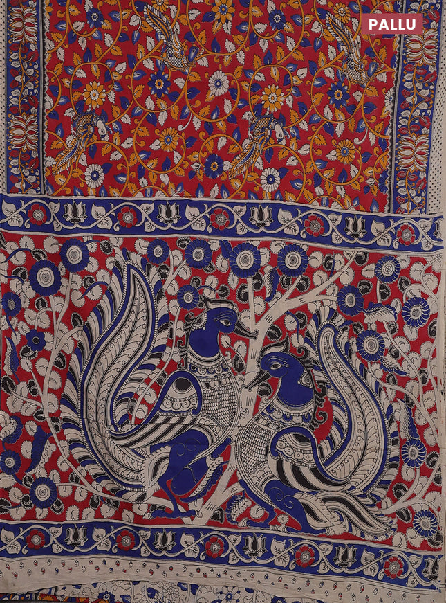 Kalamkari cotton saree red and blue with allover prints and printed border