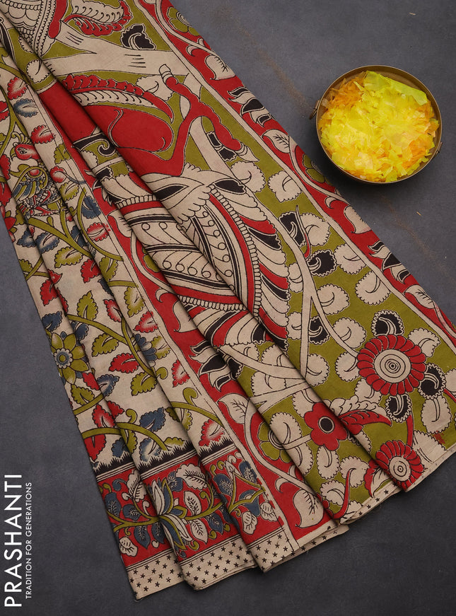 Kalamkari cotton saree beige and red with allover prints and printed border