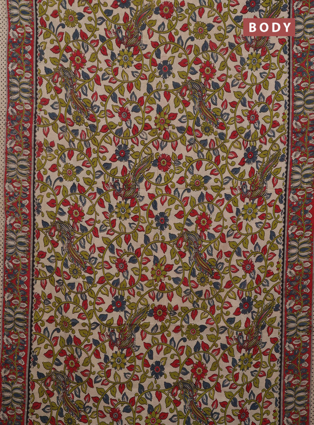 Kalamkari cotton saree beige and red with allover prints and printed border