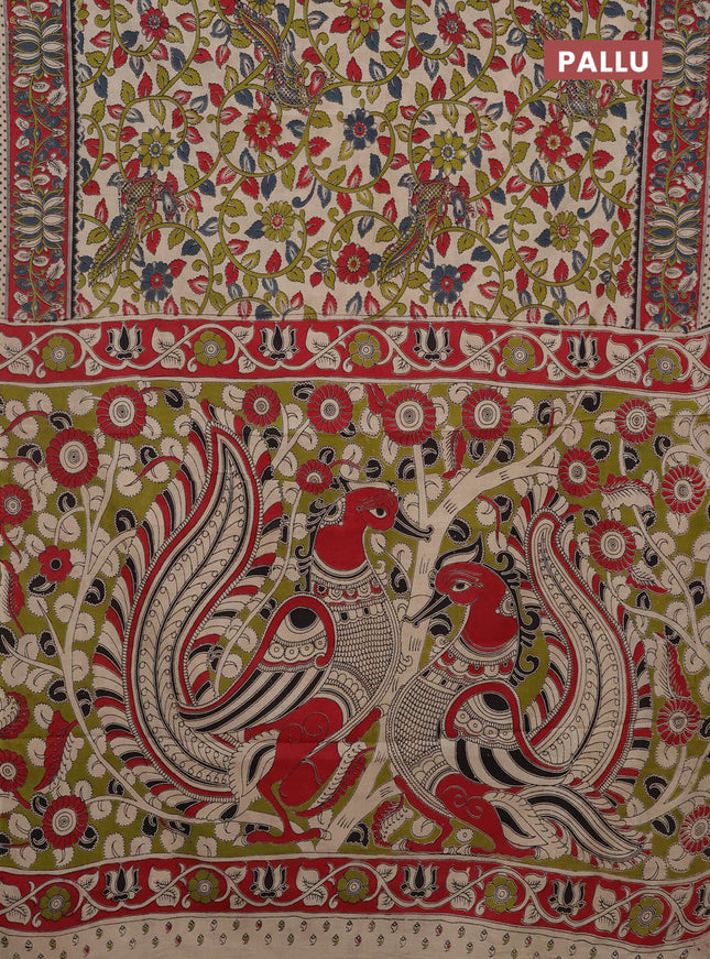 Kalamkari cotton saree beige and red with allover prints and printed border
