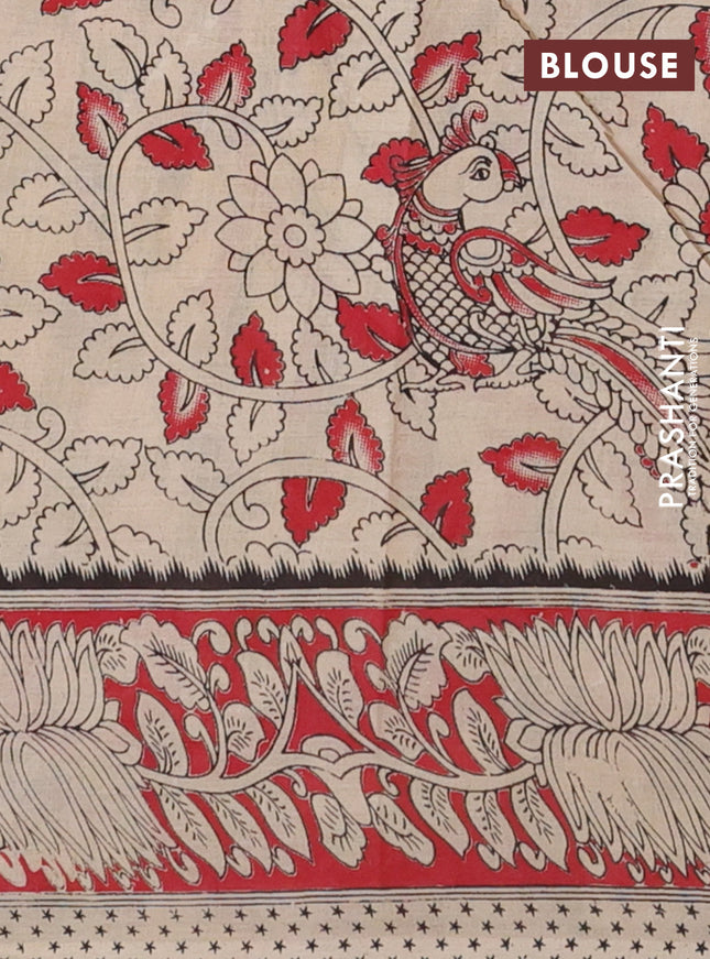 Kalamkari cotton saree beige and red with allover prints and printed border