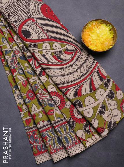 Kalamkari cotton saree mehendi green with allover prints and printed border