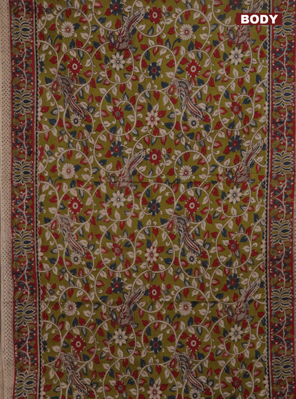Kalamkari cotton saree mehendi green with allover prints and printed border