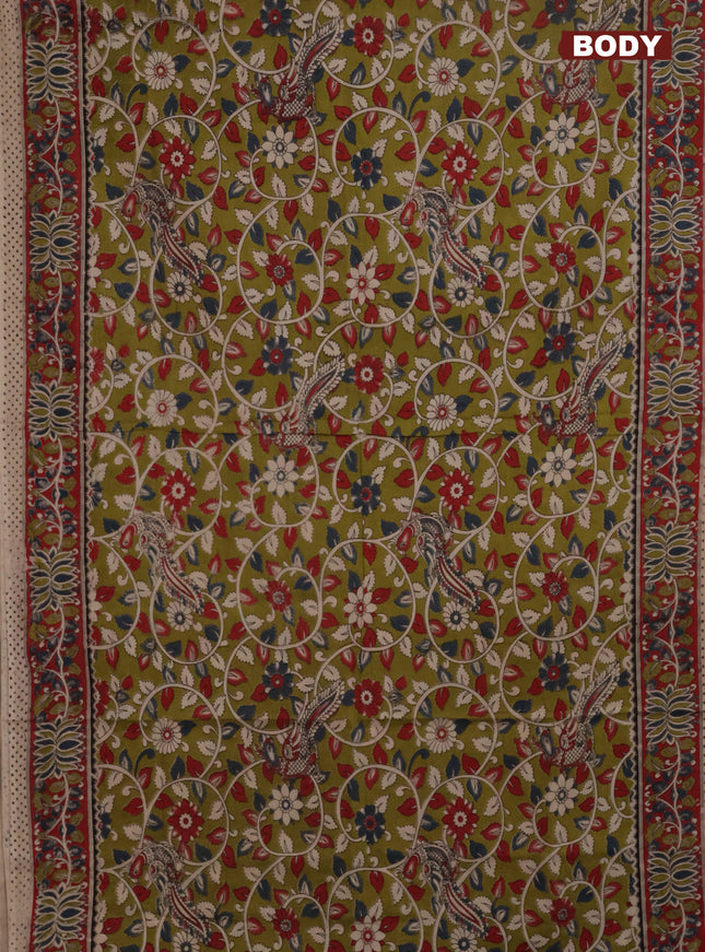 Kalamkari cotton saree mehendi green with allover prints and printed border