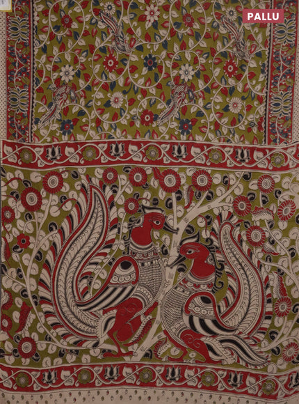 Kalamkari cotton saree mehendi green with allover prints and printed border