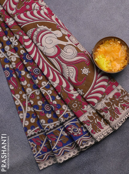 Kalamkari cotton saree brown and blue with allover prints and printed border