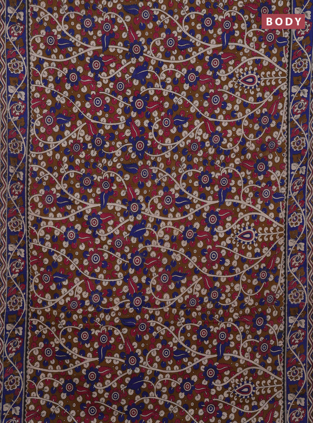 Kalamkari cotton saree brown and blue with allover prints and printed border