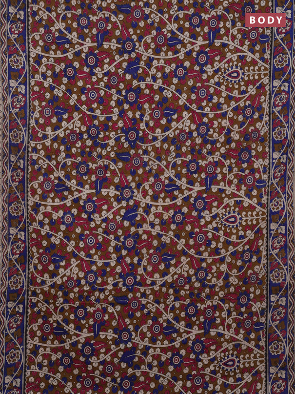 Kalamkari cotton saree brown and blue with allover prints and printed border