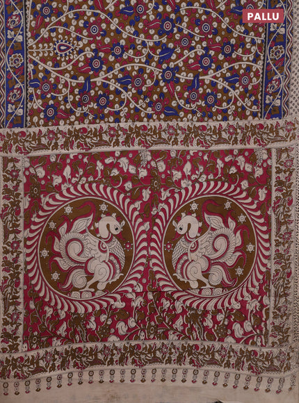 Kalamkari cotton saree brown and blue with allover prints and printed border