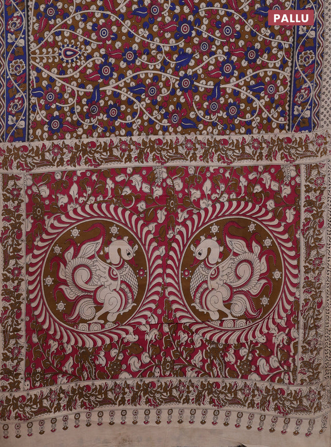 Kalamkari cotton saree brown and blue with allover prints and printed border