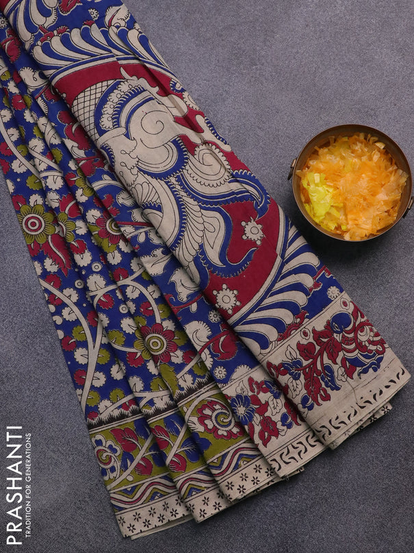 Kalamkari cotton saree blue and light green with allover prints and printed border
