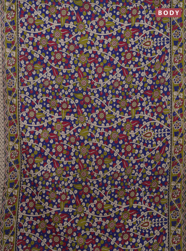 Kalamkari cotton saree blue and light green with allover prints and printed border