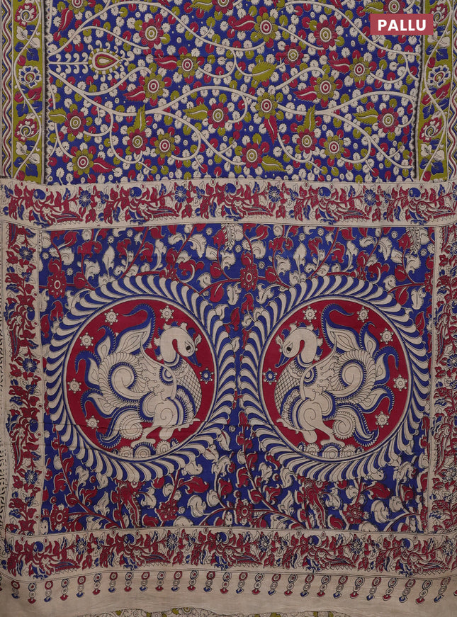 Kalamkari cotton saree blue and light green with allover prints and printed border