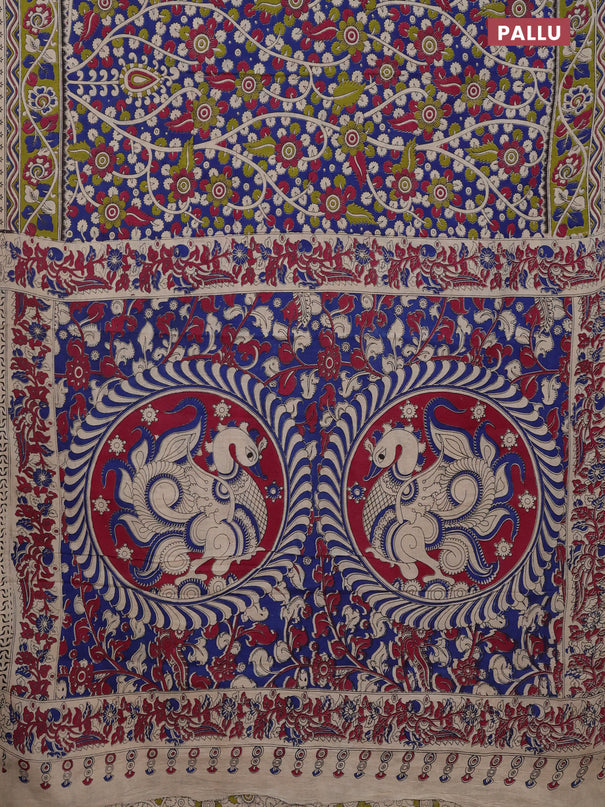 Kalamkari cotton saree blue and light green with allover prints and printed border