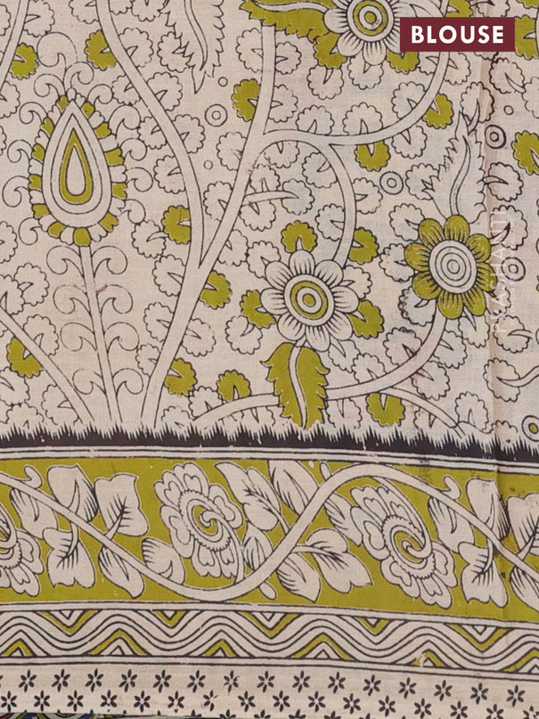 Kalamkari cotton saree blue and light green with allover prints and printed border