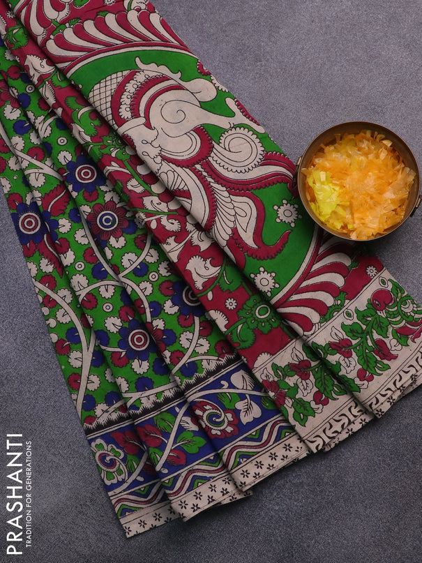 Kalamkari cotton saree green and blue with allover prints and printed border