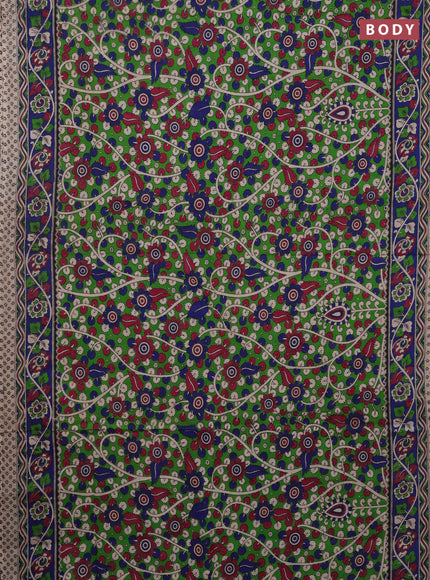 Kalamkari cotton saree green and blue with allover prints and printed border