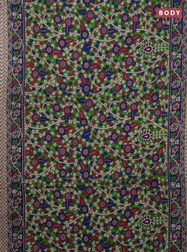 Kalamkari cotton saree green and blue with allover prints and printed border