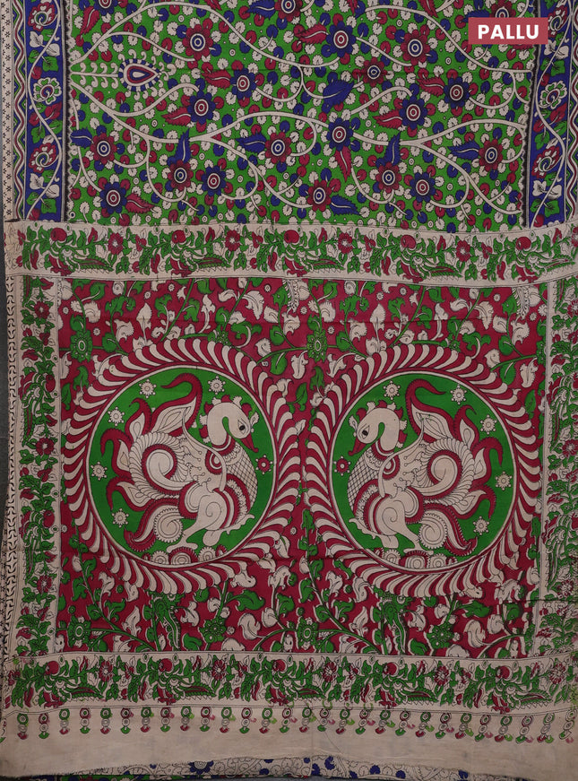 Kalamkari cotton saree green and blue with allover prints and printed border