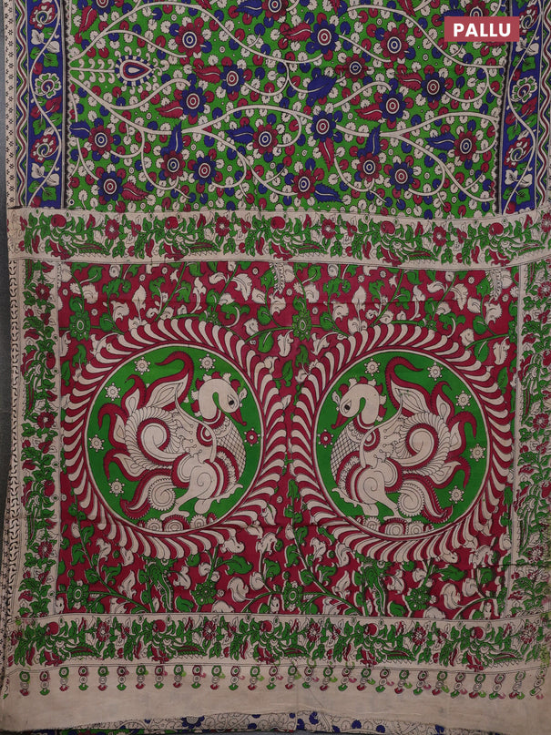 Kalamkari cotton saree green and blue with allover prints and printed border