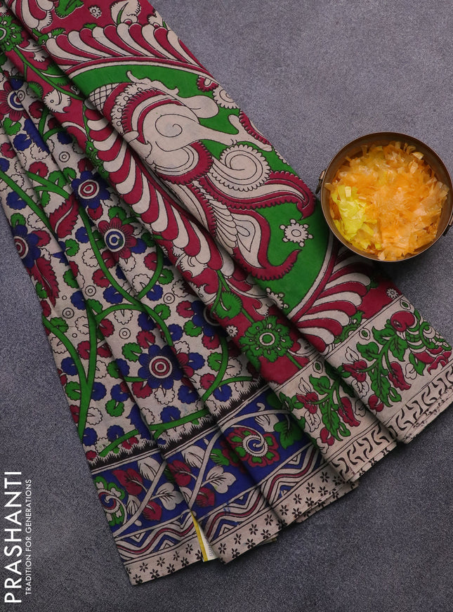 Kalamkari cotton saree beige and blue with allover prints and printed border