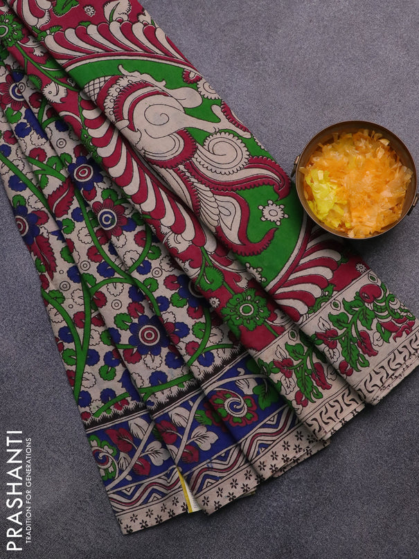 Kalamkari cotton saree beige and blue with allover prints and printed border