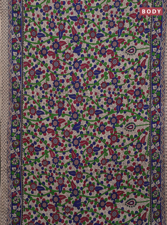 Kalamkari cotton saree beige and blue with allover prints and printed border