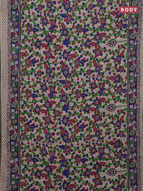 Kalamkari cotton saree beige and blue with allover prints and printed border