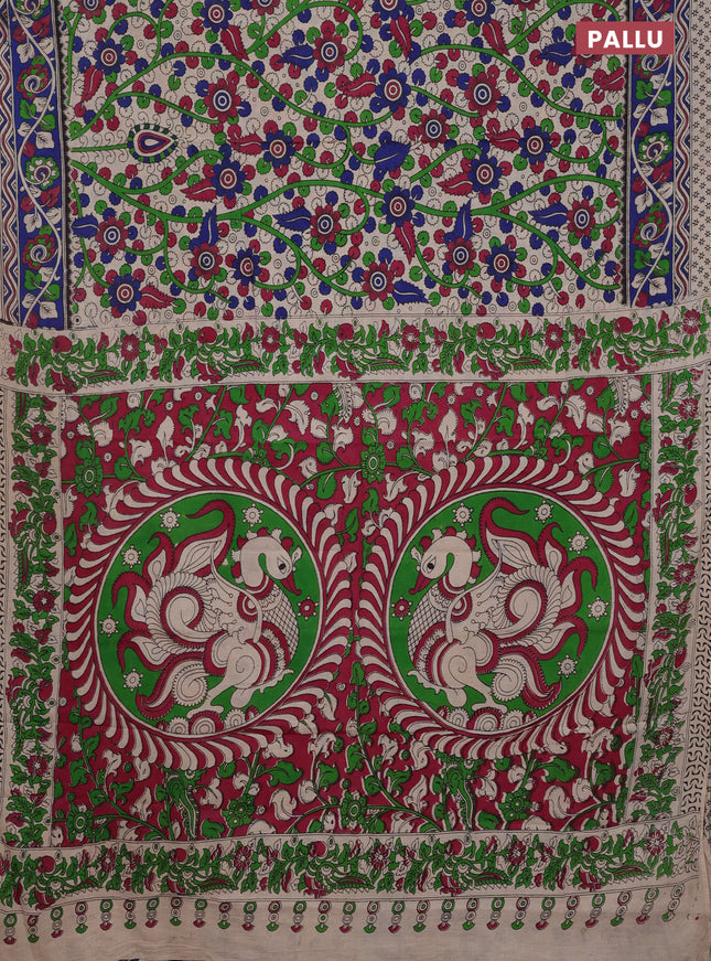 Kalamkari cotton saree beige and blue with allover prints and printed border