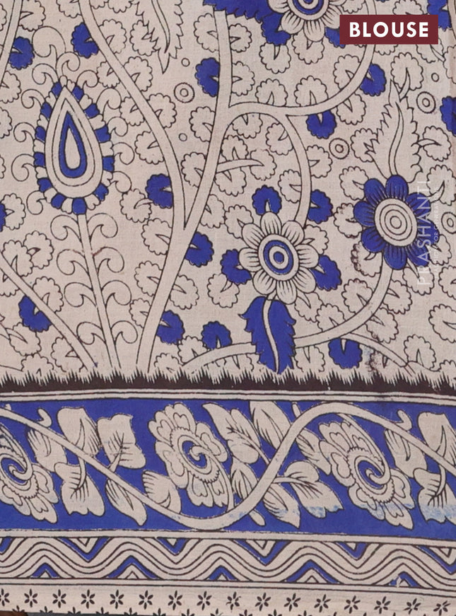 Kalamkari cotton saree beige and blue with allover prints and printed border