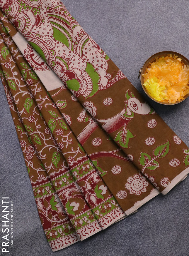 Kalamkari cotton saree dark mustard and maroon with allover prints and printed border