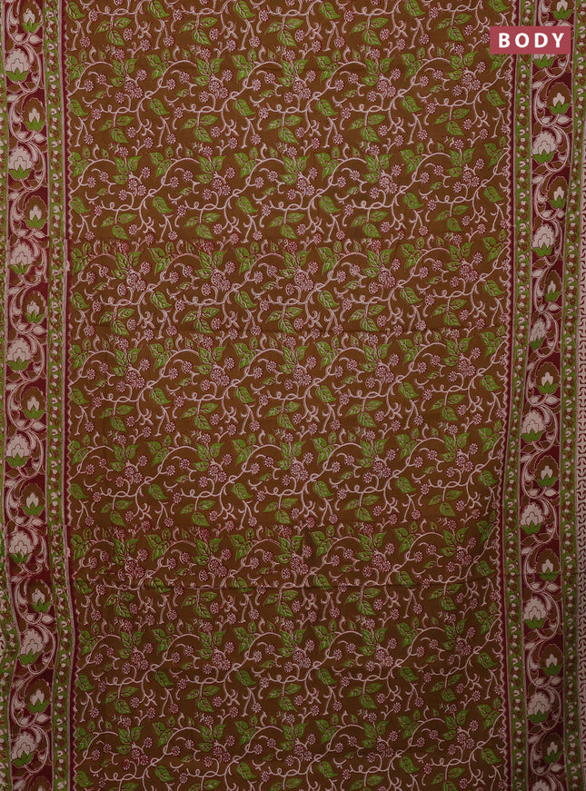 Kalamkari cotton saree dark mustard and maroon with allover prints and printed border