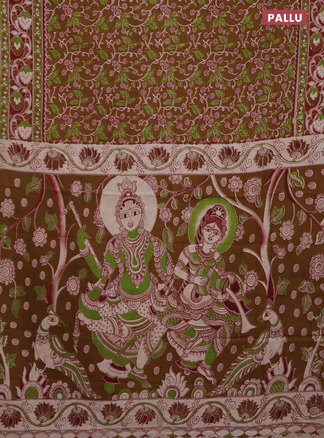 Kalamkari cotton saree dark mustard and maroon with allover prints and printed border