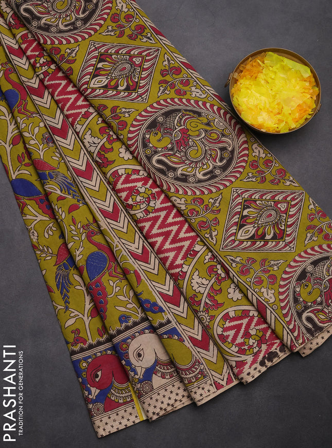 Kalamkari cotton saree light green and blue with allover prints and printed border