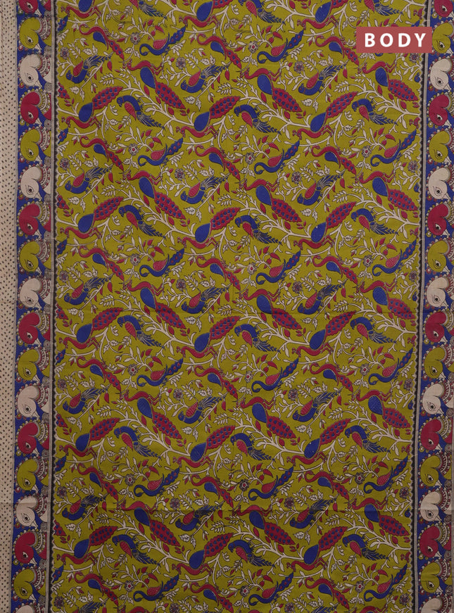 Kalamkari cotton saree light green and blue with allover prints and printed border