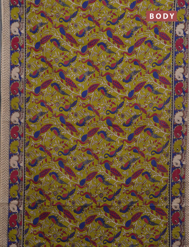 Kalamkari cotton saree light green and blue with allover prints and printed border