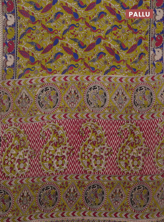 Kalamkari cotton saree light green and blue with allover prints and printed border