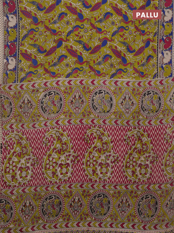 Kalamkari cotton saree light green and blue with allover prints and printed border