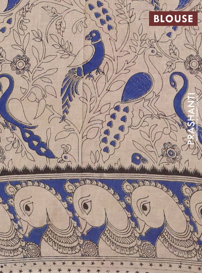 Kalamkari cotton saree light green and blue with allover prints and printed border