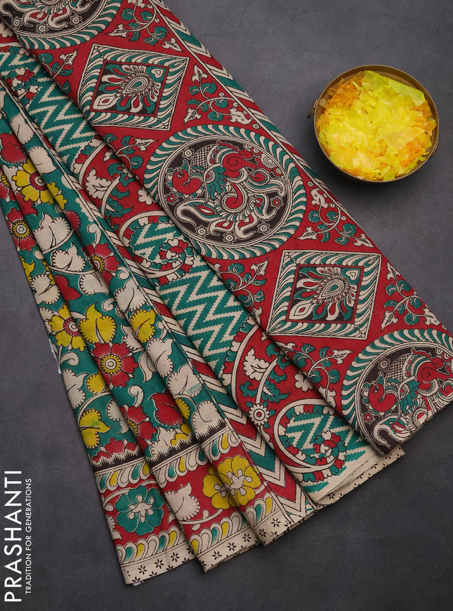 Kalamkari cotton saree green and maroon with allover prints and printed border