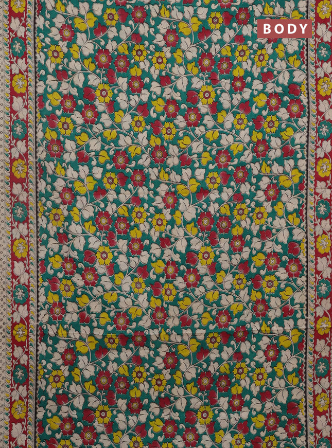 Kalamkari cotton saree green and maroon with allover prints and printed border