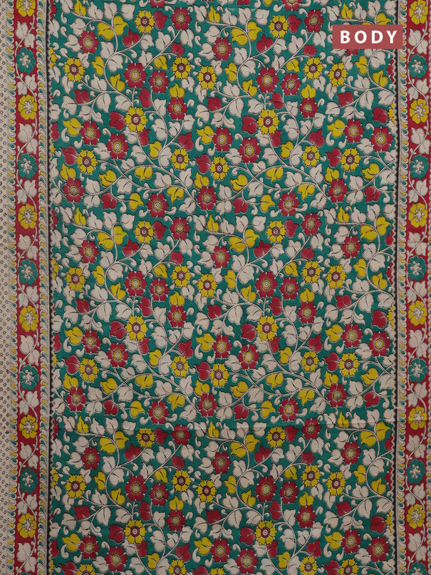 Kalamkari cotton saree green and maroon with allover prints and printed border