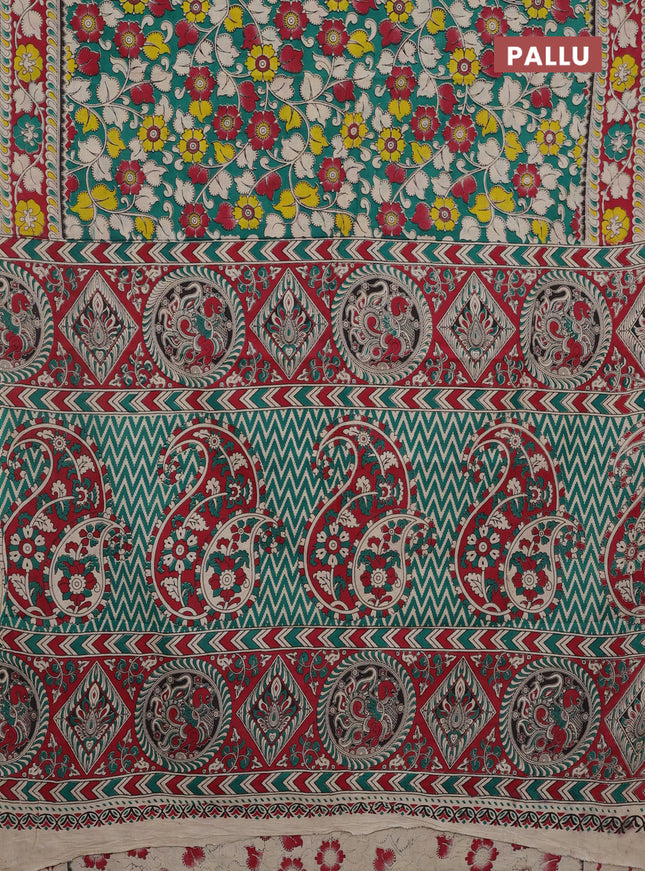 Kalamkari cotton saree green and maroon with allover prints and printed border