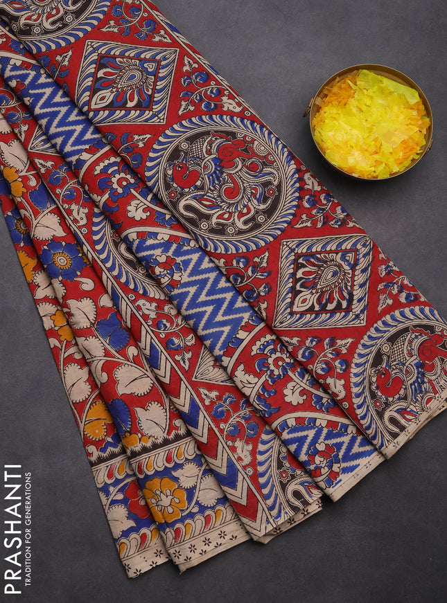 Kalamkari cotton saree maroon and blue with allover prints and printed border
