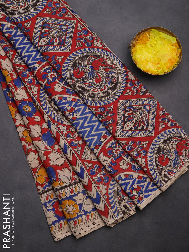 Kalamkari cotton saree maroon and blue with allover prints and printed border