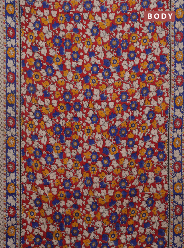 Kalamkari cotton saree maroon and blue with allover prints and printed border