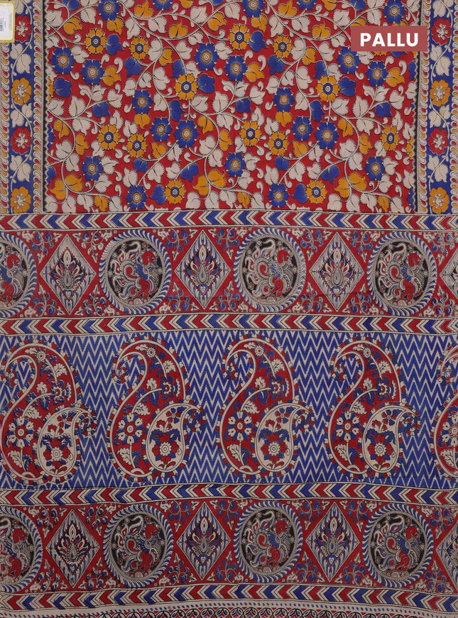 Kalamkari cotton saree maroon and blue with allover prints and printed border