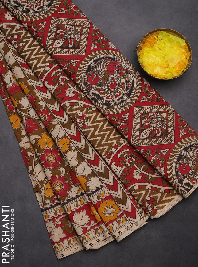 Kalamkari cotton saree brown shade and pink with allover prints and printed border