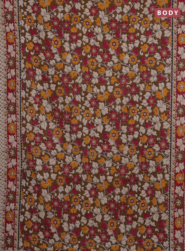 Kalamkari cotton saree brown shade and pink with allover prints and printed border