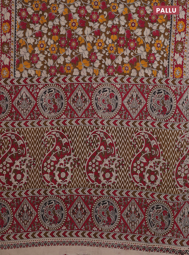 Kalamkari cotton saree brown shade and pink with allover prints and printed border